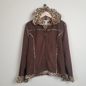 Telluride Clothing Co Faux Suede Hooded Coat Leopard Print Fleece Lining Large